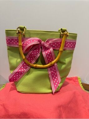 Tianni Purse Green Pink Ribbon bamboo handles Purse Handbag